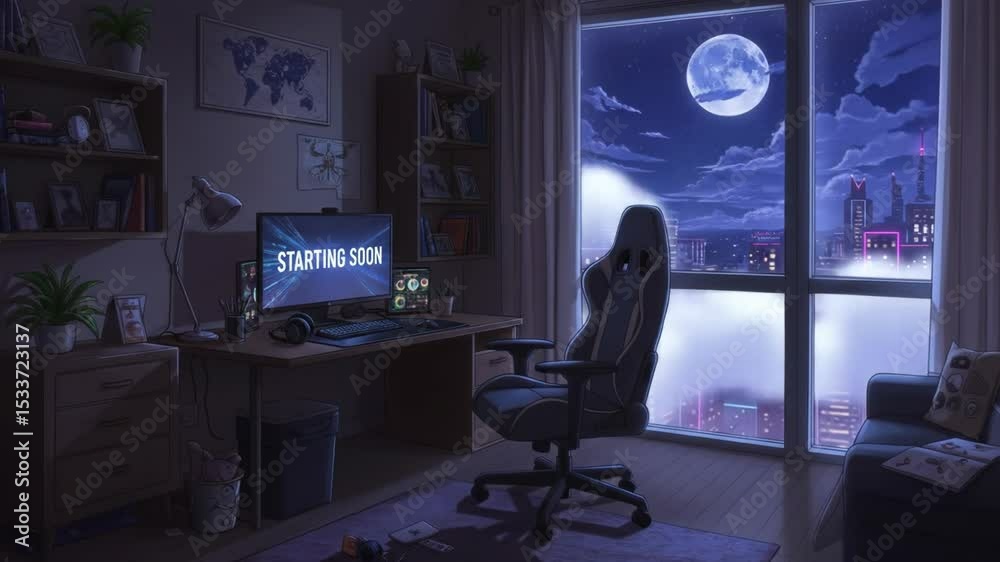 Nighttime Gaming Setup: Cozy Streamer Room with City View. Stream starting soon screen, overlay loop, animated virtual backgrounds, cozy lo-fi gaming room view. vtuber asset twitch zoom OBS.
