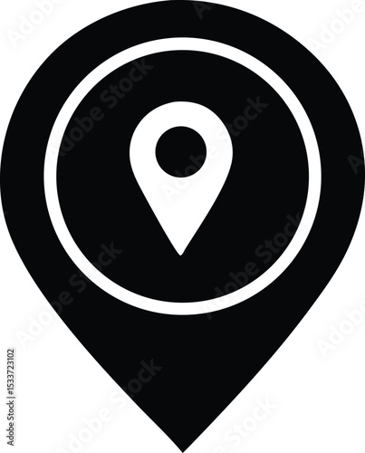 Black and white location pin icon with double circle border design element