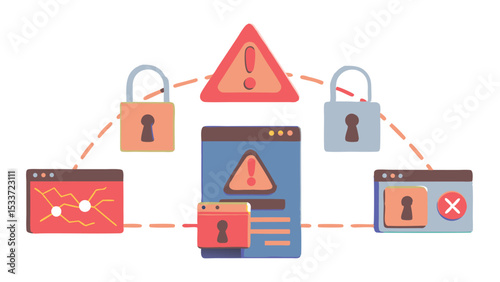 Network security vulnerability illustration showing connected devices and warning signs alert system