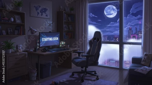 Nighttime Gaming Setup: Cozy Streamer Room with City View. Stream starting soon screen, overlay loop, animated virtual backgrounds, cozy lo-fi gaming room view. vtuber asset twitch zoom OBS.