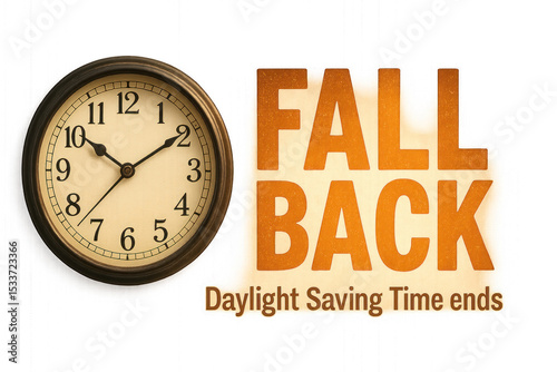 Clock with words 'Fall Back' and 'Daylight' in classic font, indicating a time change. Isolated on transparent background.