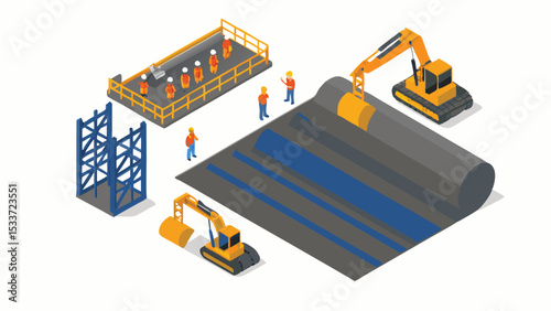 Isometric construction site with workers, excavators, and a blue metal structure shown in detail