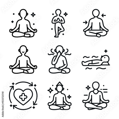 Graphic illustration: line art icons depict various meditation yoga poses. Suitable for yoga studios, wellness centers, mindfulness apps, and meditation websites. Asana pose symbol