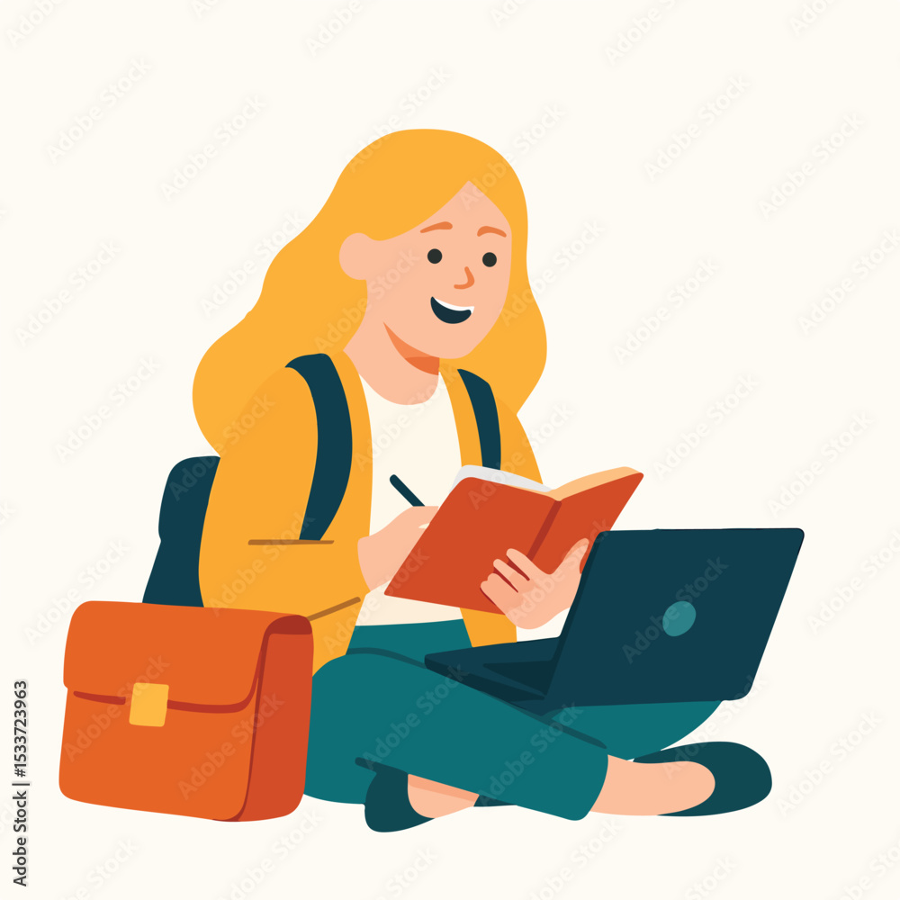 vector of a woman sitting relaxed while watching her business progress on a laptop vector of a woman sitting relaxed while watching her business progress on a laptop