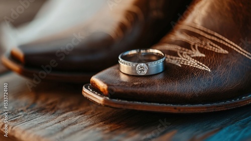 Wedding rings placed on a pair of vintage cowboy boots as a symbolic western-style detail 