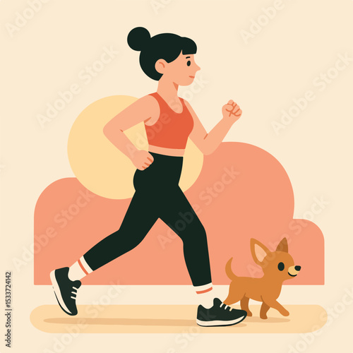 vector of a woman jogging with her small pet dog