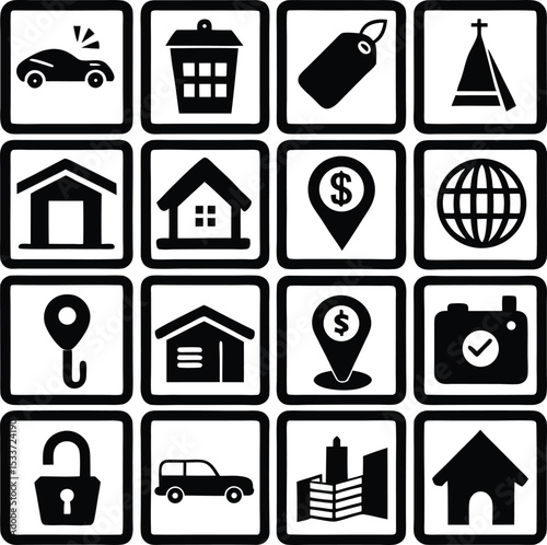 A collection of sixteen black and white icons representing various concepts related to real estate travel and general objects