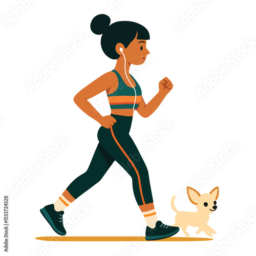 vector of a woman jogging with her small pet dog
