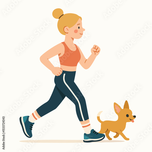 vector of a woman jogging with her small pet dog