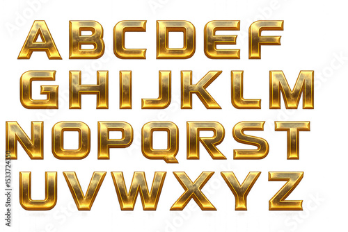 Set of shiny gold letters with reflection effect isolated on transparent background.