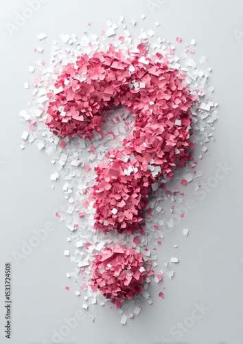 Pink and white fragmented question mark formed from small pieces against a light grey background