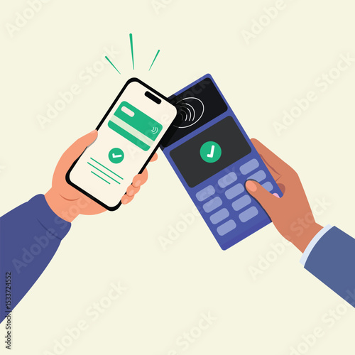 Hand holding mobile phone for payment in phone bank application. Wireless, RFID NFC, contactless or cashless payments. 
