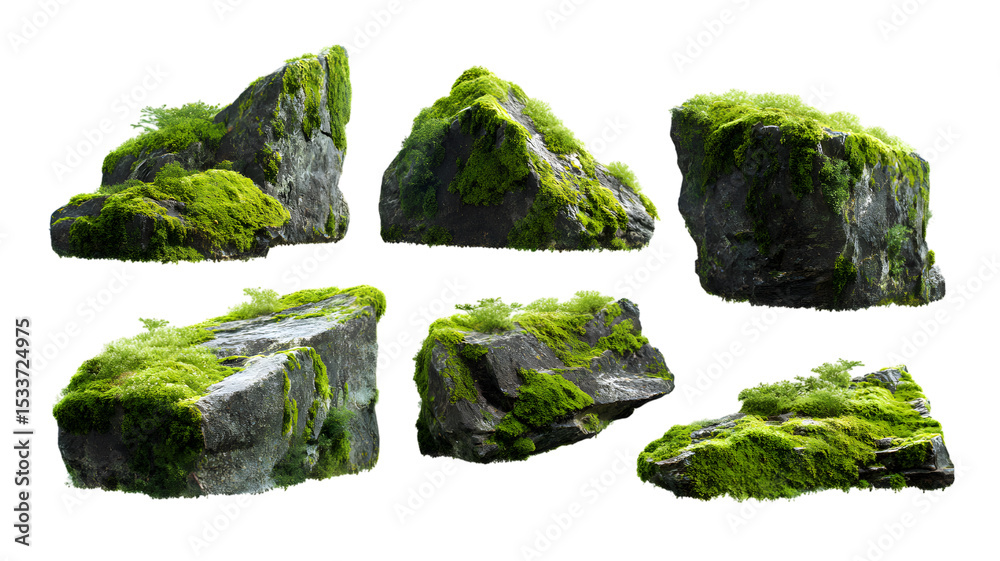 Collection of natural rocks covered in lush green moss against a white background for creative design projects Collection of natural rocks covered in lush green moss against a white background for creative design projects