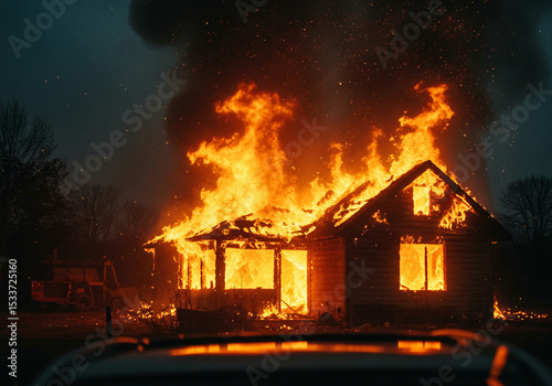 Cinematic photo of a house burning down with the fire spreading to all corners