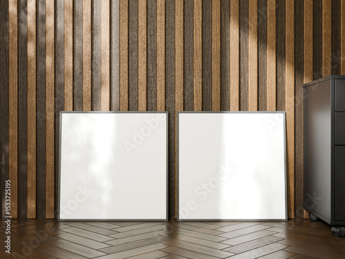 Simple poster mockup with a plain white frame on the floor in a stylish wooden room.