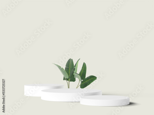 Modern podium layout with tropical greenery and soft lighting background