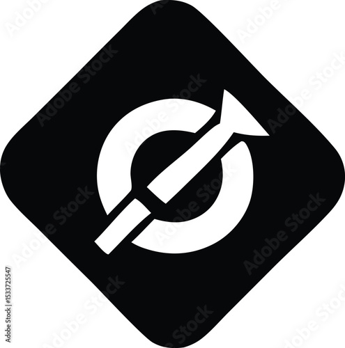 Black diamond shaped icon with white circular element and arrow