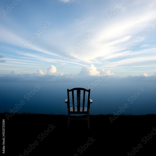 A lone chair facing the horizon with clouds drifting lazily.
