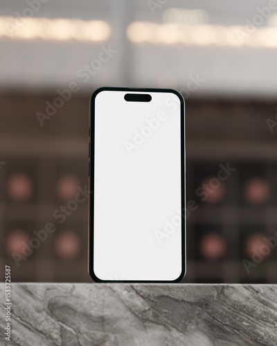 Minimal phone mockup front view with empty screen and elegant cafe blur backdrop