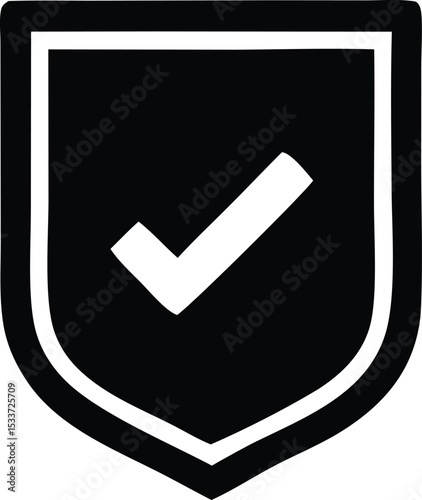 Black shield icon with white check mark approved security protection symbol