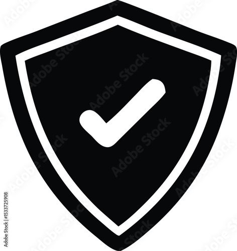 Black shield icon with white check mark security approved graphic
