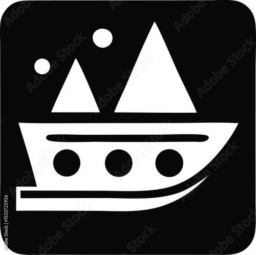 Abstract black and white boat icon with triangular sails and portholes