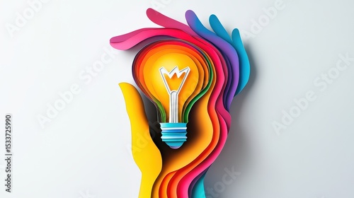 Colorful hands holding lightbulb in multilayered paper art design