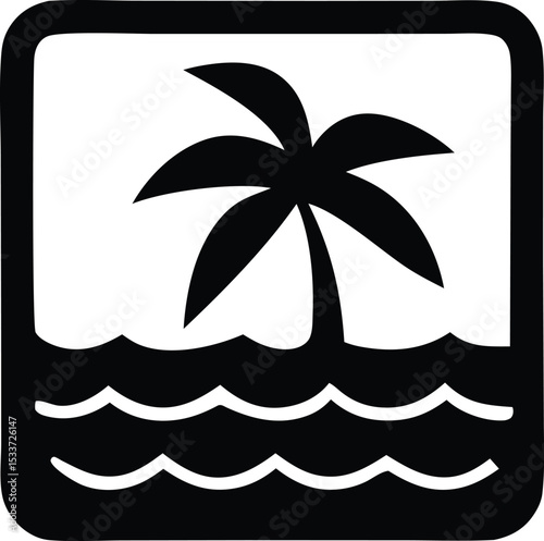Simple black and white icon depicting a palm tree on an island in water