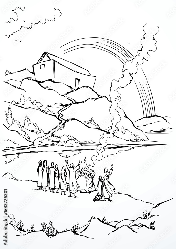 Obraz premium Vector drawing. Noah Offers a Sacrifice to God
