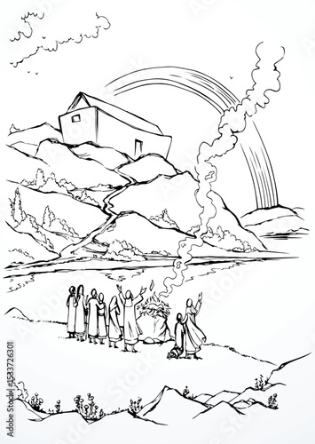 Vector drawing. Noah Offers a Sacrifice to God