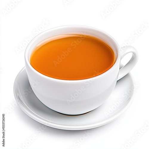 Close up of a White Teacup with Brown Tea on White Background