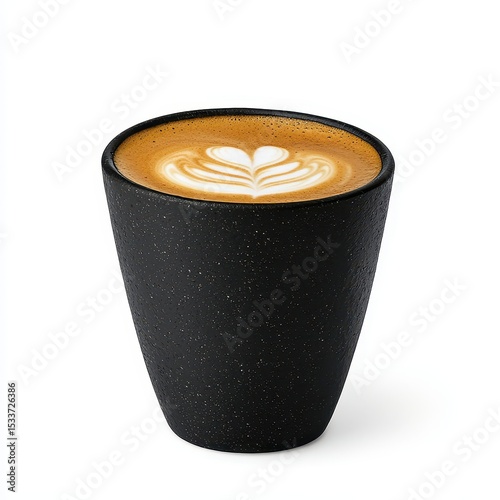 Close Up of Latte Art in Black Speckled Cup Against White Background