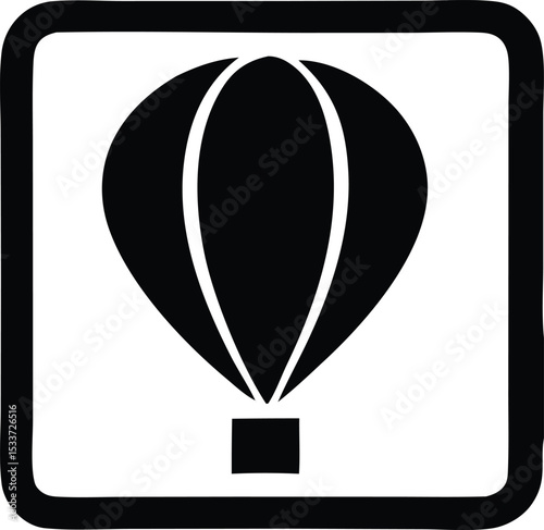 Simple black and white hot air balloon icon in a square frame