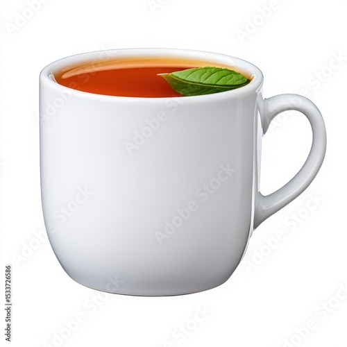 White Mug of Reddish Brown Tea with Green Leaf