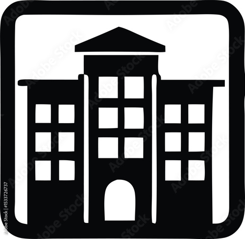 Simple black and white icon of a multistory building with a central entrance