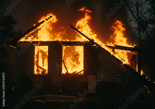 Cinematic photo of a house burning down with the fire spreading to all corners