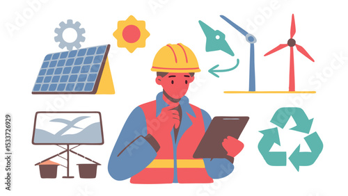 Engineer overseeing renewable energy sources including solar panels and wind turbines for sustainability