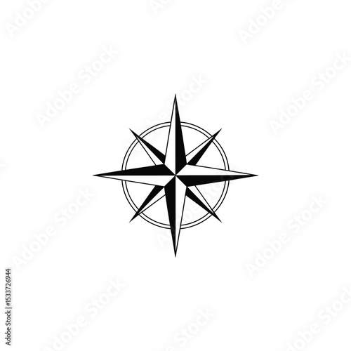 Compass Rose Icon Black and White with Eight Points Inside Double Circle