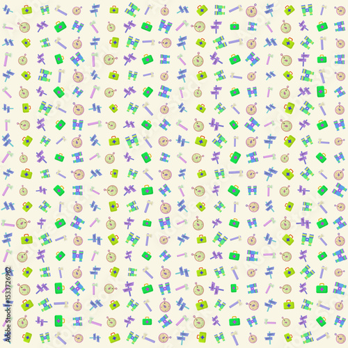 Camping equipment vector pattern, road signs, first aid kit, binoculars, axe, and compass. outdoor pattern