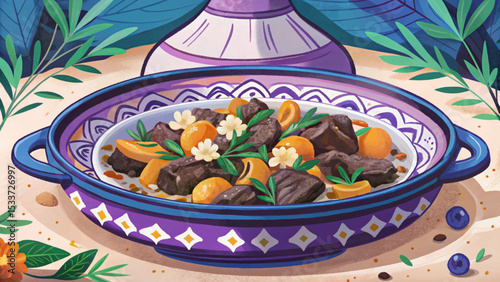 Moroccan lamb tagine with dried apricots and almonds traditional North African stew in tagine pot, aromatic spiced dish in rich colors