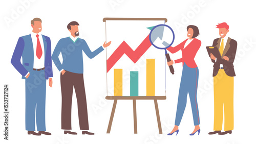 Business team analyzing a rising graph on a presentation board using a magnifying glass and clipboard