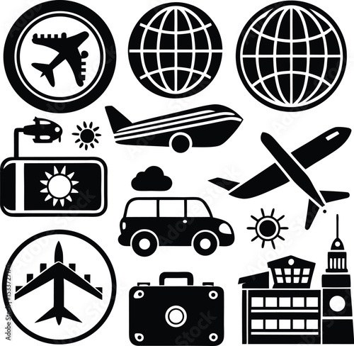 Collection of black and white travel icons illustrating air travel global destinations and transportation modes