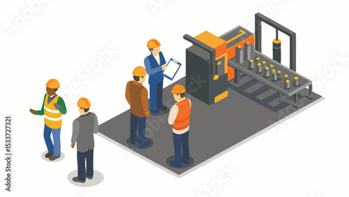 Isometric view of workers in hard hats inspecting machinery in a factory setting with a clipboard