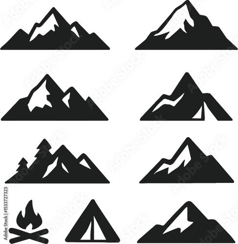 Solid black silhouette vector set for "Mountain" on a white background. Includes pictograms of mountain peaks, rocky cliffs, snow-capped summits, hiking trails, tents near mountains, campfires, and al