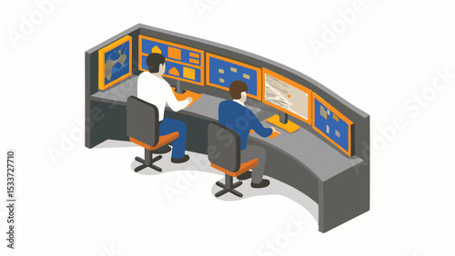 Isometric view of two people working at a curved desk with multiple monitors in a control room