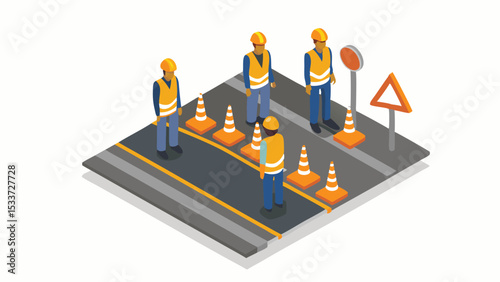 Isometric view of road construction workers placing cones and signs on a gray asphalt road surface