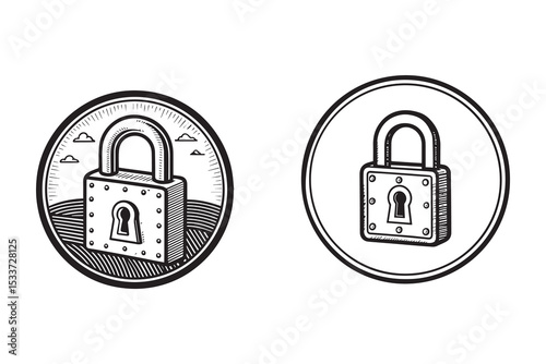 Lock and Unlock symbol. The padlock in shield shows protect and unprotected status. Cybersecurity and data protection technology. Icon element for app and web. Vector illustration