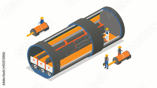 Isometric illustration of workers constructing a tunnel with machinery and interior supports shown