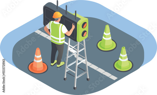 Worker adjusting traffic signal on ladder with cones around on a road in isometric view for construction