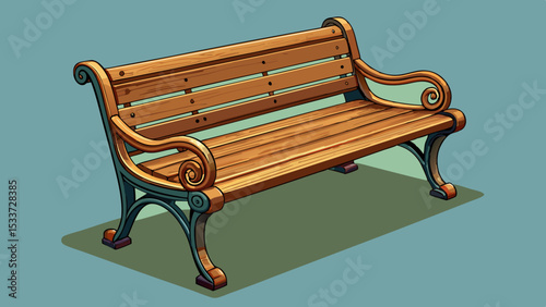 A sturdy wooden park bench with metal armrests, isolated on a empty plain background